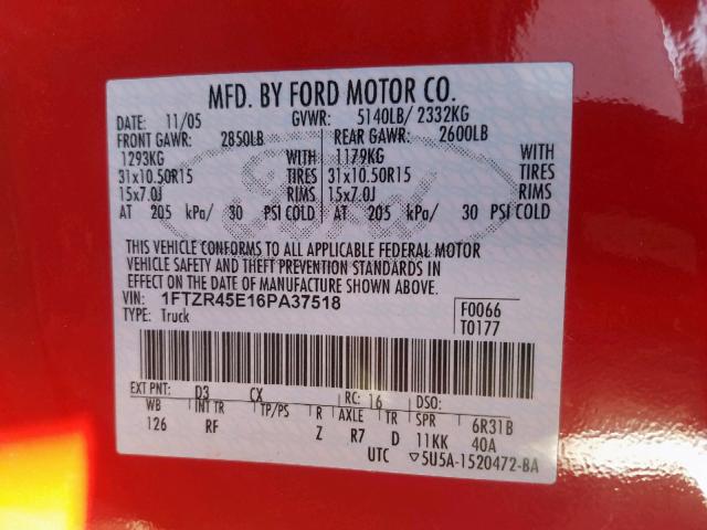 1FTZR45E16PA37518 - 2006 FORD RANGER SUP RED photo 10