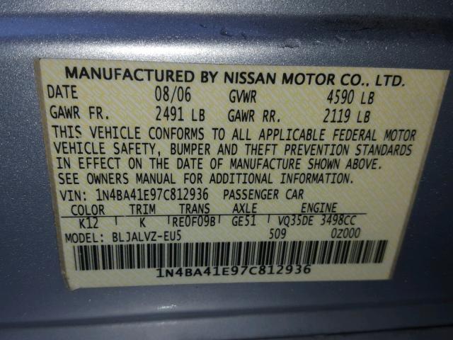 1N4BA41E97C812936 - 2007 NISSAN MAXIMA SE SILVER photo 10