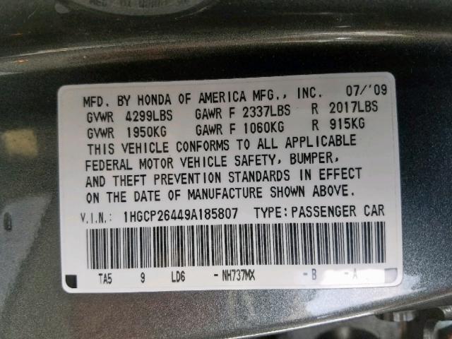 1HGCP26449A185807 - 2009 HONDA ACCORD LXP GRAY photo 10