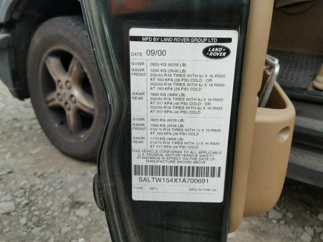 SALTW154X1A700691 - 2001 LAND ROVER DISCOVERY GREEN photo 10