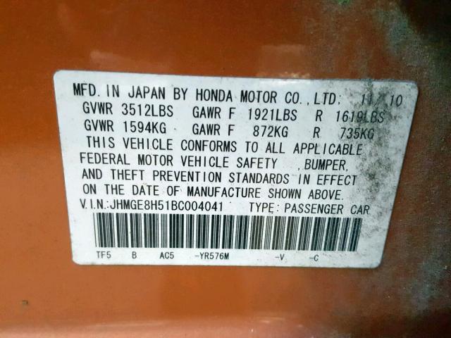 JHMGE8H51BC004041 - 2011 HONDA FIT SPORT ORANGE photo 10