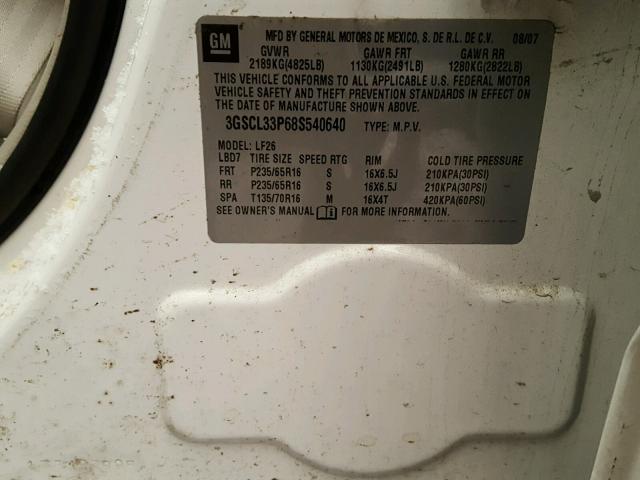 3GSCL33P68S540640 - 2008 SATURN VUE XE WHITE photo 10