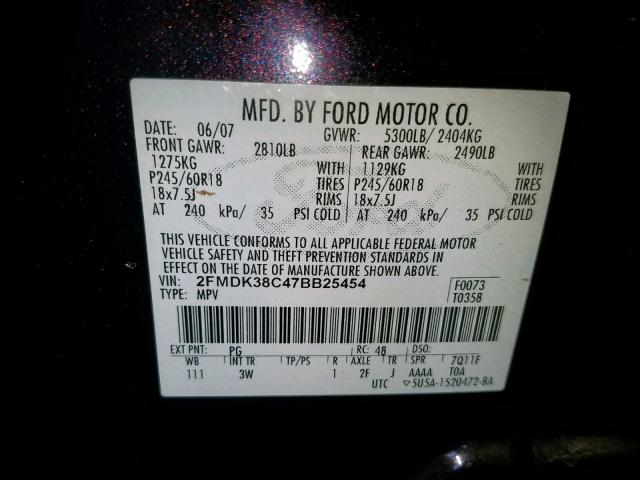 2FMDK38C47BB25454 - 2007 FORD EDGE SEL BLACK photo 10