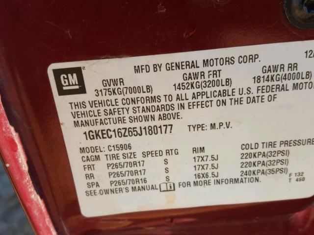 1GKEC16Z65J180177 - 2005 GMC YUKON XL C RED photo 10