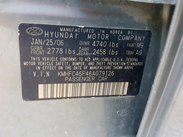 KMHFC46F46A079126 - 2006 HYUNDAI AZERA SE GREEN photo 10