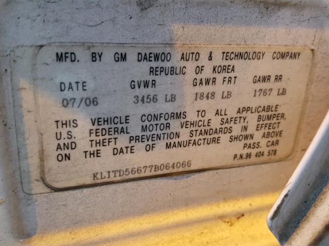 KL1TD56677B064066 - 2007 CHEVROLET AVEO BASE Ақ фото 10