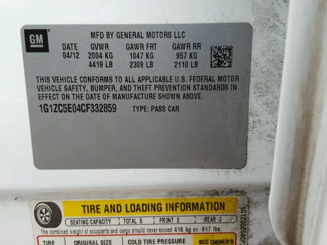 1G1ZC5E04CF332859 - 2012 CHEVROLET MALIBU 1LT WHITE photo 10