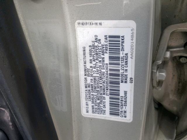 2T1KR32E23C043659 - 2003 TOYOTA MATRIX XR SILVER photo 10