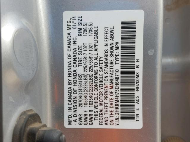 2HKRM4H75EH648710 - 2014 HONDA CR-V EXL SILVER photo 10