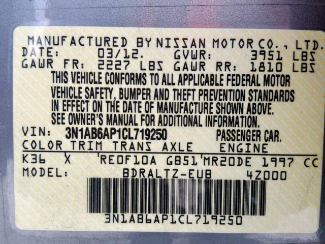 3N1AB6AP1CL719250 - 2012 NISSAN SENTRA 2.0 GRAY photo 10