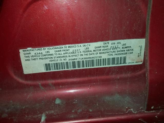 3VWRF71K86M682238 - 2006 VOLKSWAGEN JETTA 2.5 RED photo 10