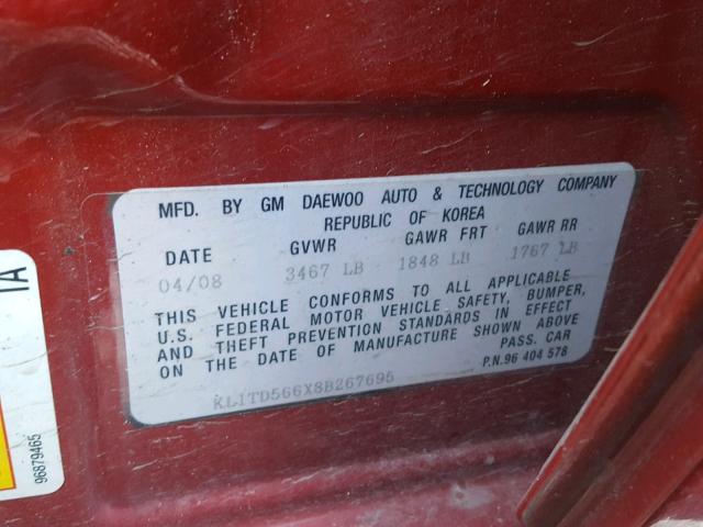 KL1TD566X8B267695 - 2008 CHEVROLET AVEO BASE Qırmızı foto 10