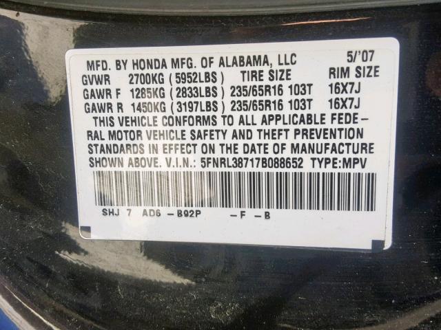 5FNRL38717B088652 - 2007 HONDA ODYSSEY EX BLACK photo 10