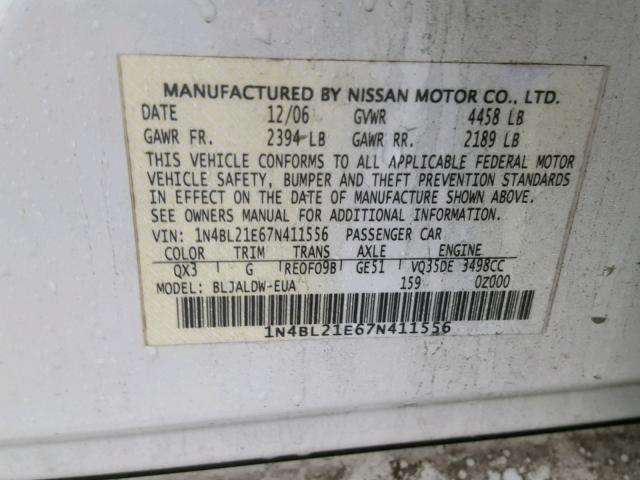 1N4BL21E67N411556 - 2007 NISSAN ALTIMA 3.5 WHITE photo 10