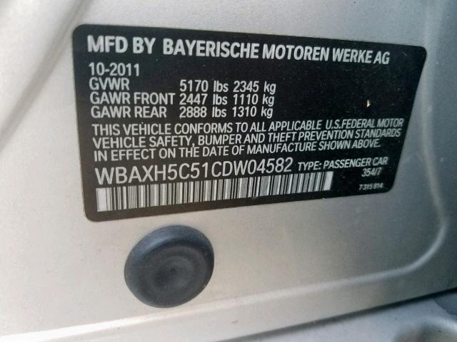 WBAXH5C51CDW04582 - 2012 BMW 528 XI SILVER photo 10