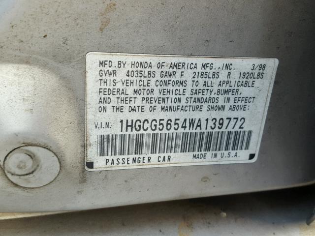 1HGCG5654WA139772 - 1998 HONDA ACCORD EX SILVER photo 10