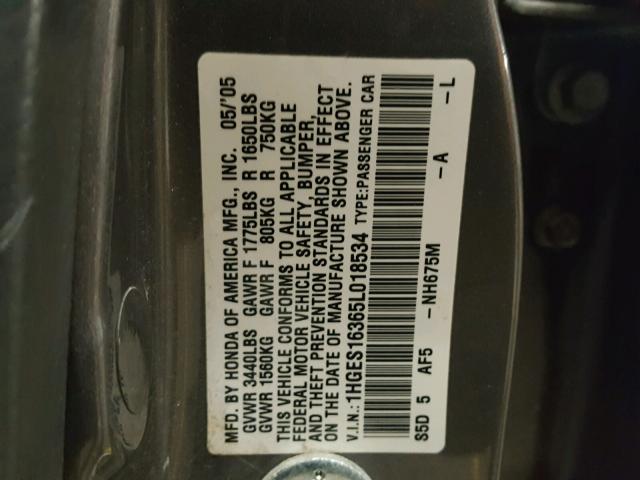 1HGES16365L018534 - 2005 HONDA CIVIC DX V SILVER photo 10