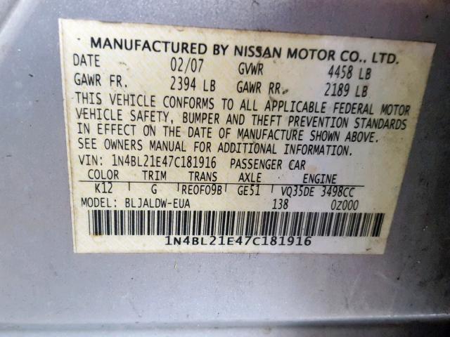 1N4BL21E47C181916 - 2007 NISSAN ALTIMA 3.5 SILVER photo 10