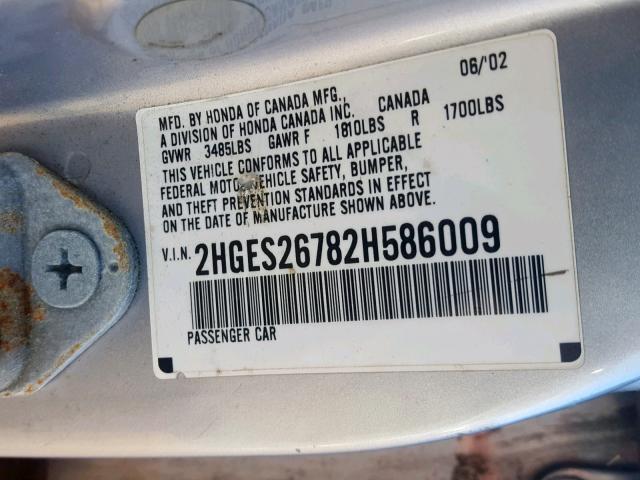 2HGES26782H586009 - 2002 HONDA CIVIC EX SILVER photo 10