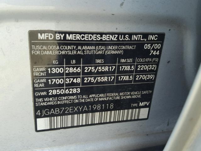 4JGAB72EXYA198118 - 2000 MERCEDES-BENZ ML 430 SILVER photo 10