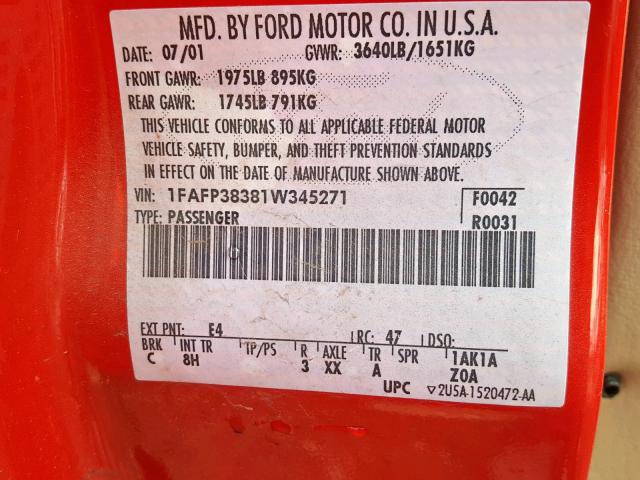1FAFP38381W345271 - 2001 FORD FOCUS ZTS RED photo 10