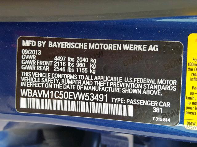 WBAVM1C50EVW53491 - 2014 BMW X1 SDRIVE2 BLUE photo 10