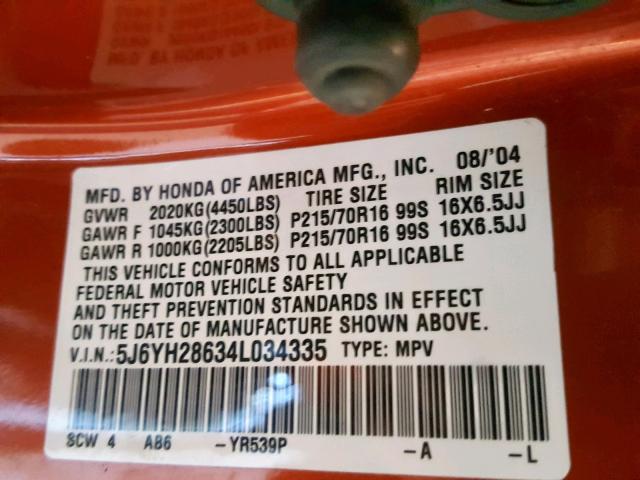 5J6YH28634L034335 - 2004 HONDA ELEMENT EX ORANGE photo 10