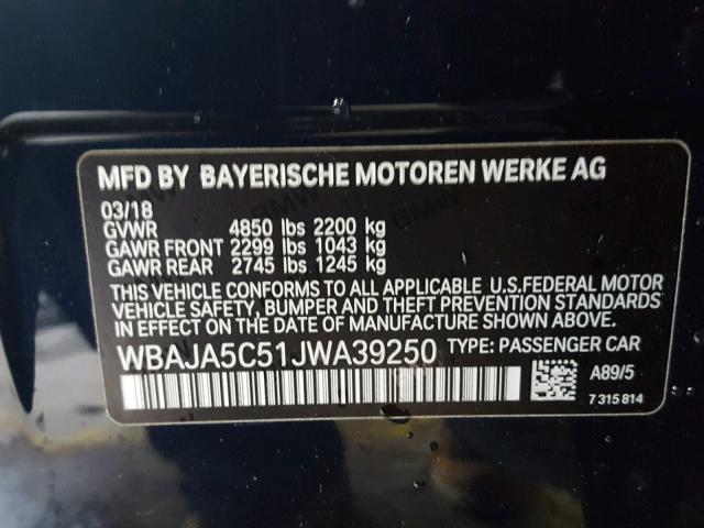WBAJA5C51JWA39250 - 2018 BMW 530 I BLUE photo 10