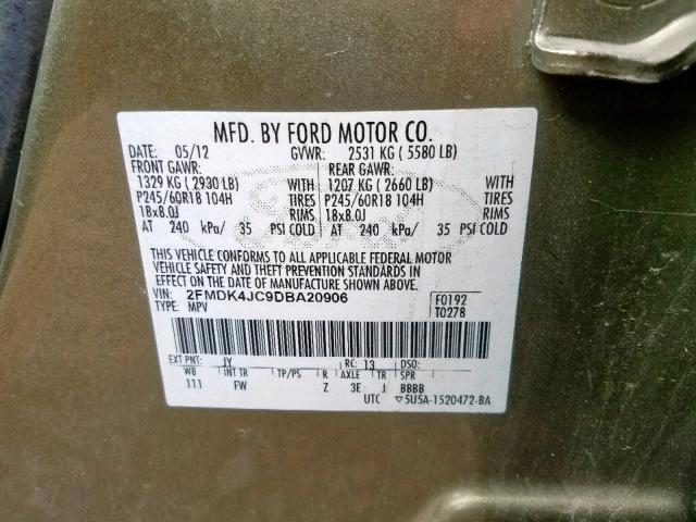 2FMDK4JC9DBA20906 - 2013 FORD EDGE SEL GREEN photo 10