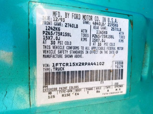 1FTCR15X2RPA44102 - 1994 FORD RANGER SUP TEAL photo 10