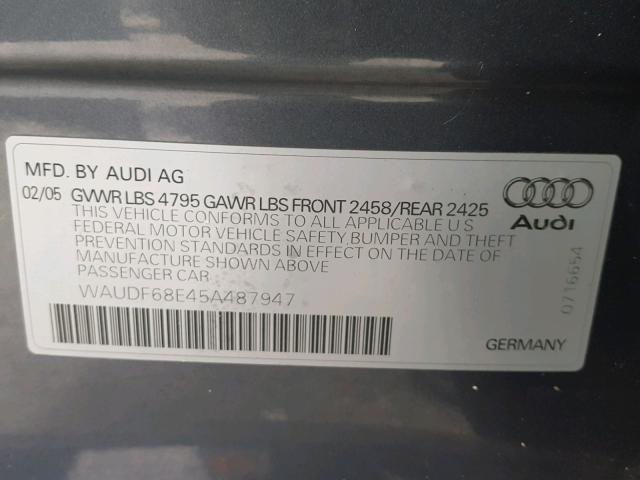 WAUDF68E45A487947 - 2005 AUDI A4 2.0T QU GRAY photo 10