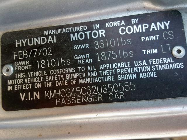 KMHCG45C32U350555 - 2002 HYUNDAI ACCENT GL SILVER photo 10