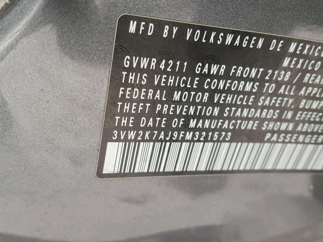 3VW2K7AJ9FM321573 - 2015 VOLKSWAGEN JETTA BASE CHARCOAL photo 10