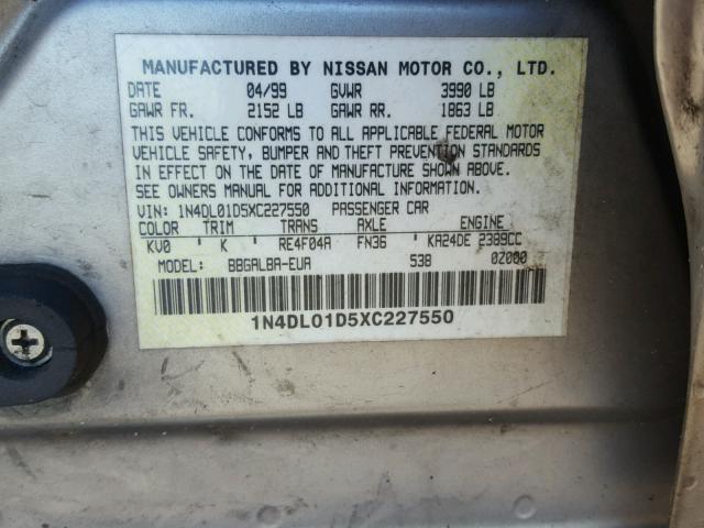 1N4DL01D5XC227550 - 1999 NISSAN ALTIMA XE TAN photo 10