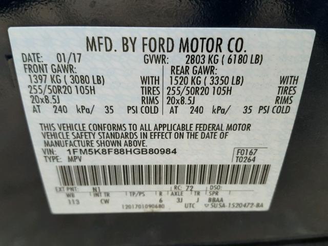 1FM5K8F88HGB80984 - 2017 FORD EXPLORER L BLUE photo 10