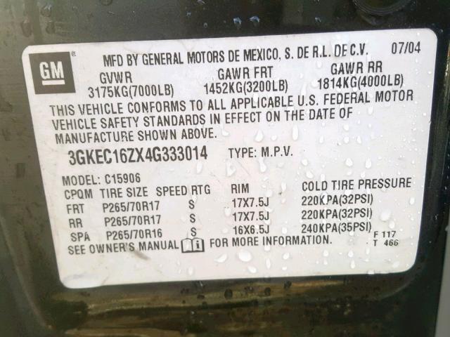 3GKEC16ZX4G333014 - 2004 GMC YUKON XL C BLACK photo 10