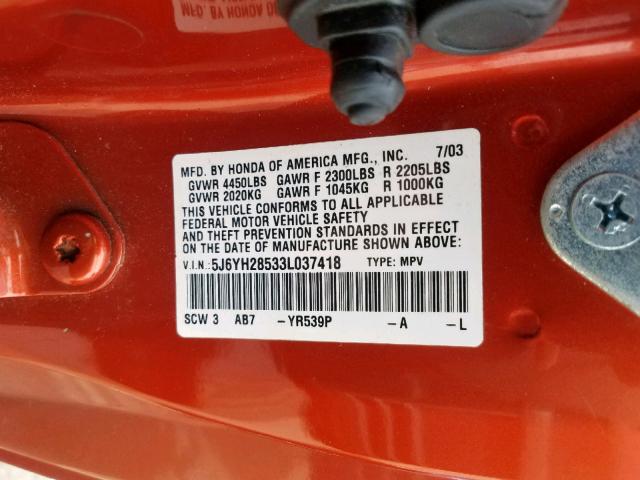 5J6YH28533L037418 - 2003 HONDA ELEMENT EX ORANGE photo 10