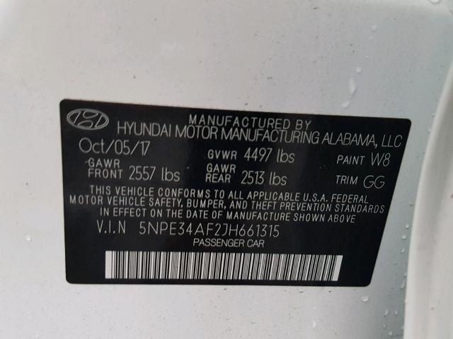 5NPE34AF2JH661315 - 2018 HYUNDAI SONATA SPO WHITE photo 10