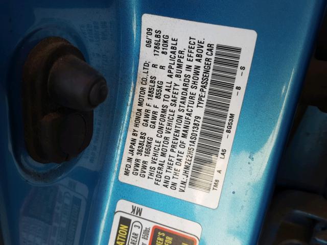 JHMZE2H51AS013879 - 2010 HONDA INSIGHT LX BLUE photo 10