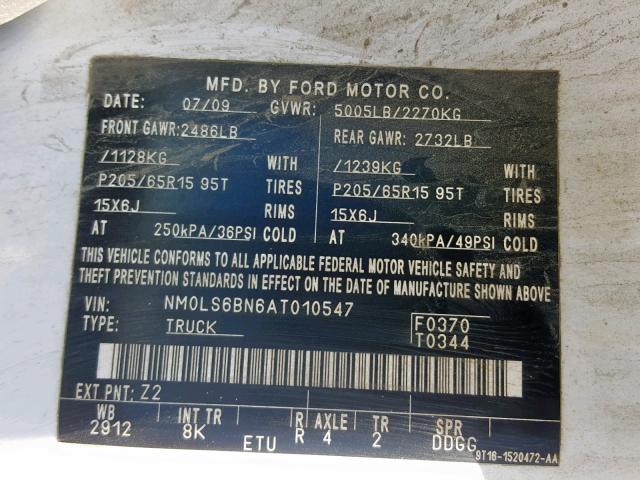 NM0LS6BN6AT010547 - 2010 FORD TRANSIT CO WHITE photo 10