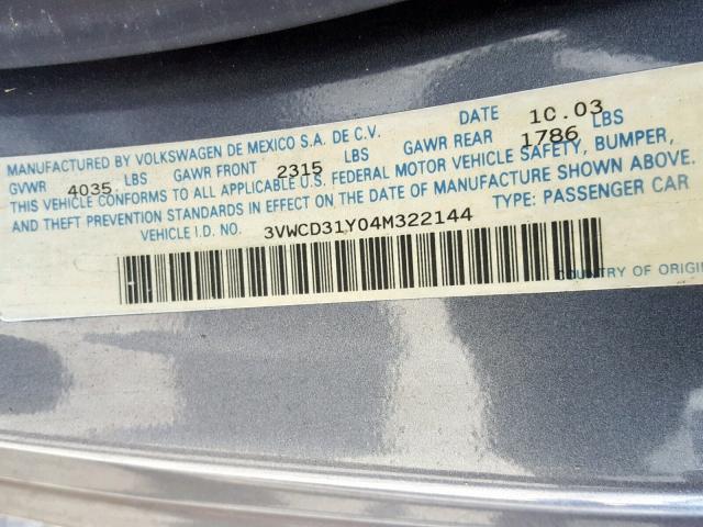 3VWCD31Y04M322144 - 2004 VOLKSWAGEN NEW BEETLE ნაცრისფერი ფოტო 10