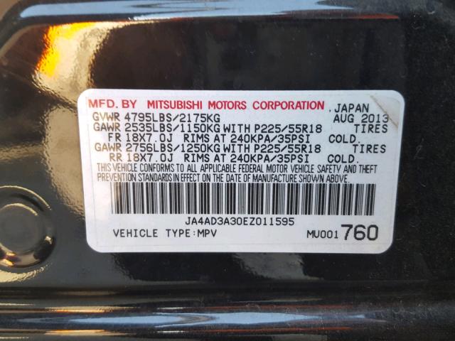 JA4AD3A30EZ011595 - 2014 MITSUBISHI OUTLANDER BLACK photo 10