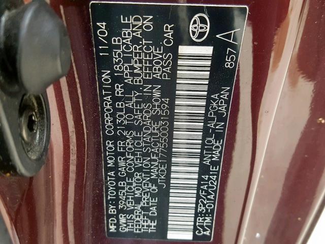 JTKDE177550031594 - 2005 TOYOTA SCION TC ბურგუნდია ფოტო 10