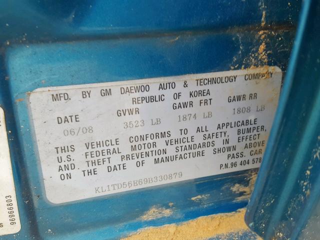 KL1TD56E69B330879 - 2009 CHEVROLET AVEO LS TEAL photo 10