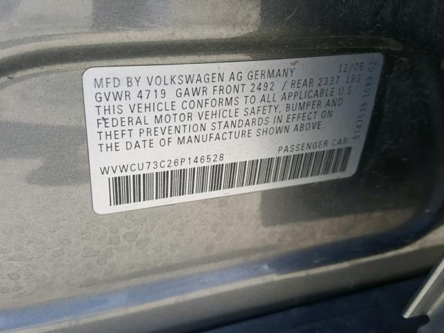 WVWCU73C26P146528 - 2006 VOLKSWAGEN PASSAT 3.6 GRAY photo 10