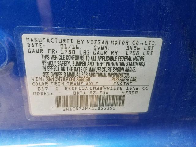 3N1CN7APXGL855050 - 2016 NISSAN VERSA S BLUE photo 10