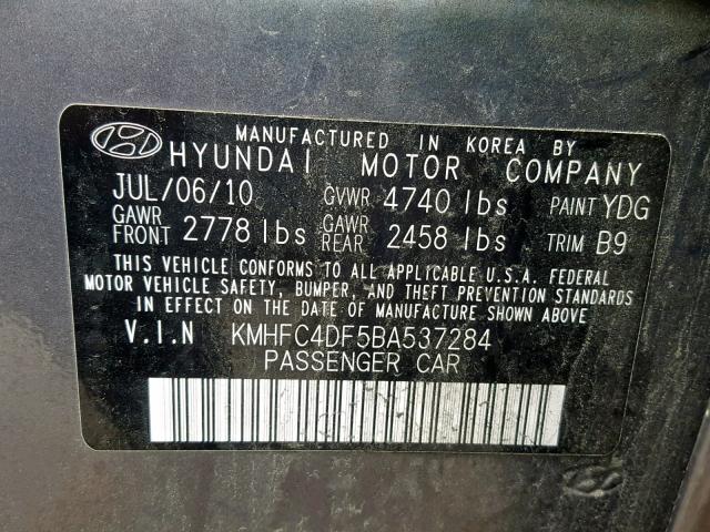 KMHFC4DF5BA537284 - 2011 HYUNDAI AZERA GLS GRAY photo 10