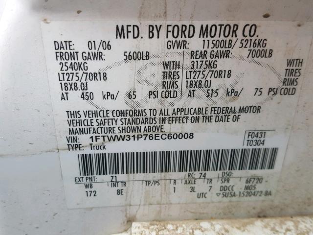 1FTWW31P76EC60008 - 2006 FORD F350 SRW S WHITE photo 10