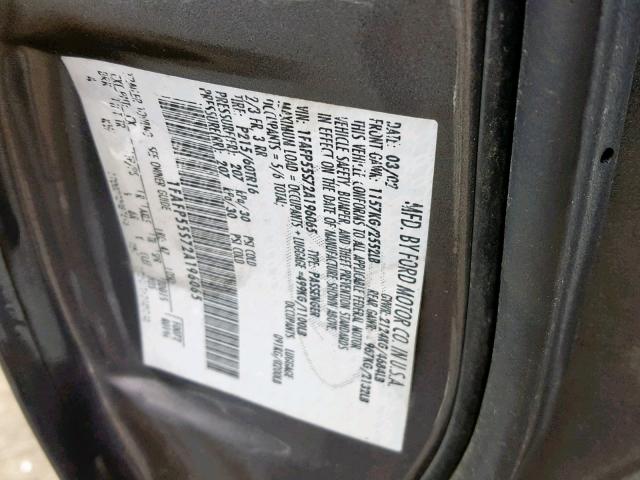 1FAFP55S72A196065 - 2002 FORD TAURUS SES GRAY photo 10