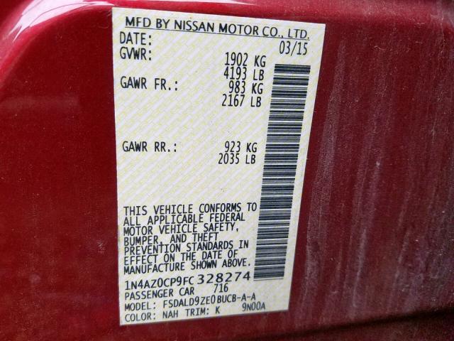 1N4AZ0CP9FC328274 - 2015 NISSAN LEAF S MAROON photo 10